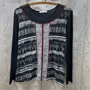 Zoé Mixed Print Top Womens Medium Black White Mesh Velvet Trim Boho Long Slv
